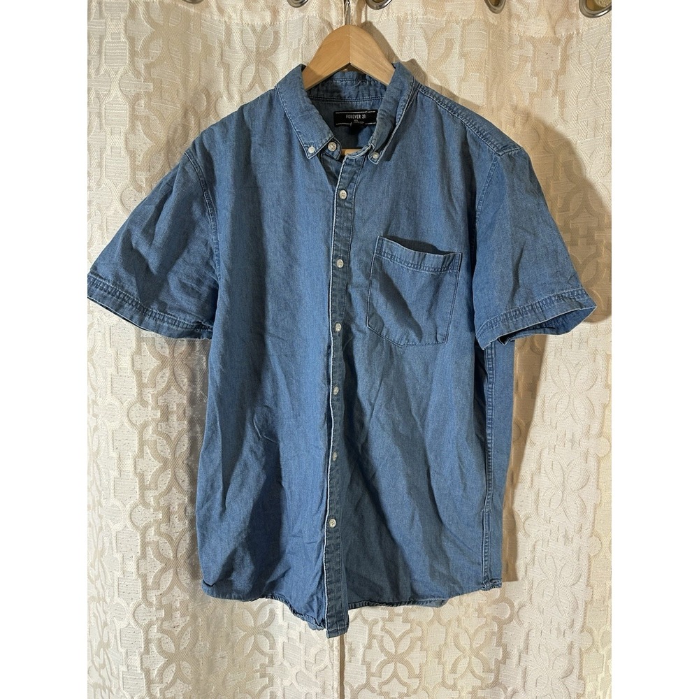 Blue Denim Button Down Shirt Mens XL Short Sleeve Cotton Chambray Utility